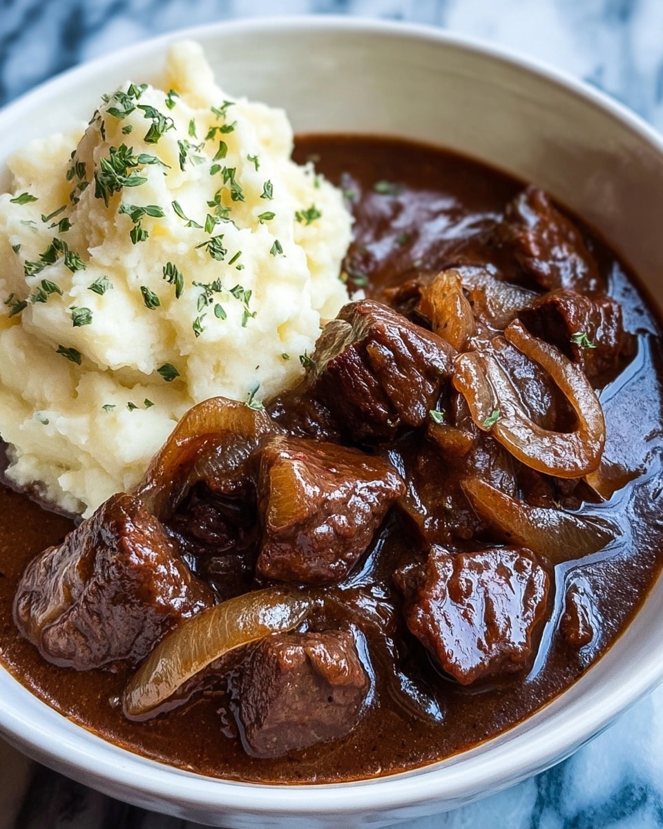 A white bowl filled with a rich, dark brown beef stew that has visible chunks of tender beef and translucent cooked onions layered throughout the glossy sauce. On the left side of the bowl, there is a creamy mound of mashed potatoes, smooth with some small lumps, garnished with small green herbs on top. The bowl sits on a white marbled surface. photo taken with an iphone --ar 4:5 --v 7