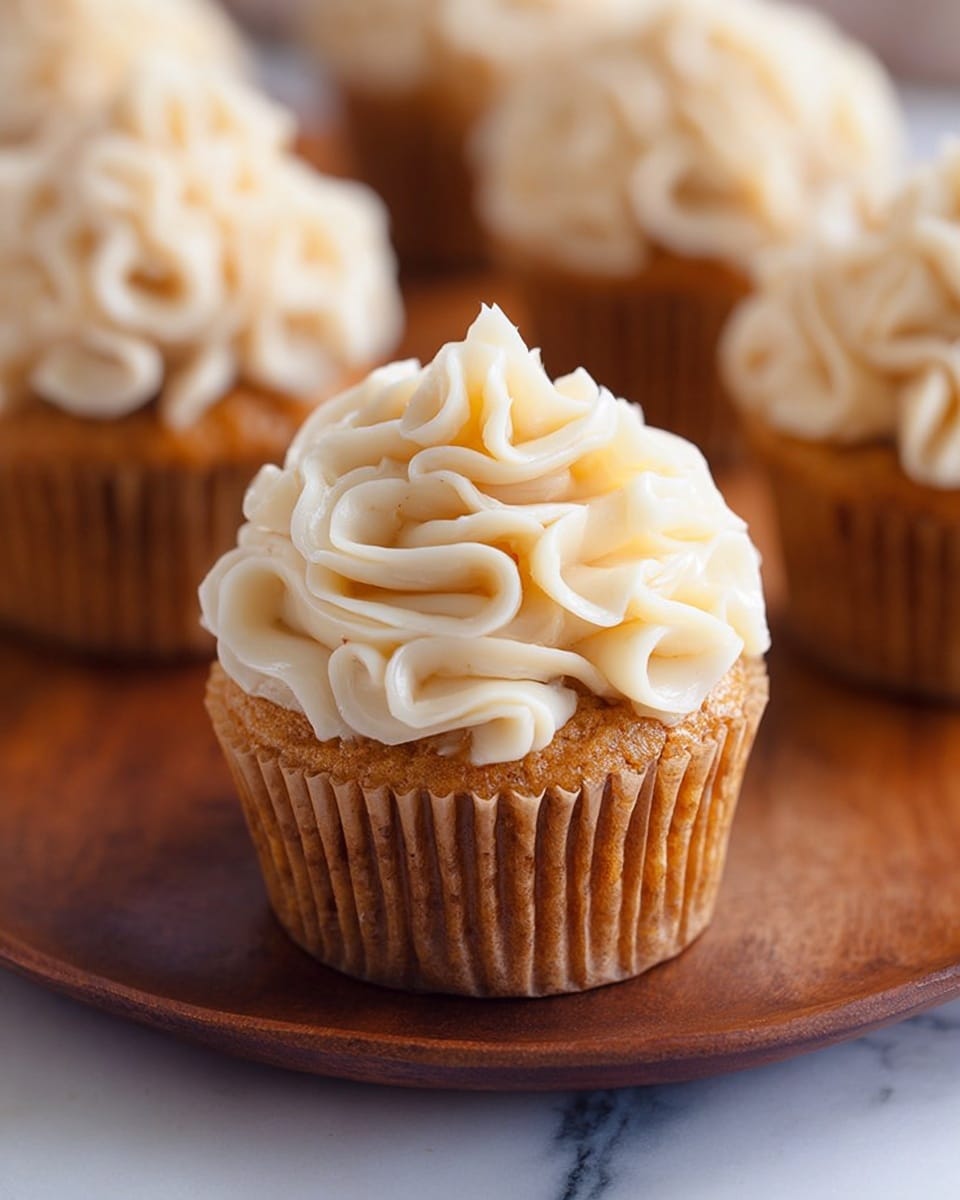 A close-up of a single cupcake with a golden brown, textured base set in a crinkled brown paper liner. The top is decorated with a thick, swirled layer of creamy, pale yellow frosting with a smooth, slightly fluffy texture, creating a flower-like pattern. Other similar cupcakes with the same frosting and base are visible blurred in the background on a dark wooden plate, all set against a white marbled surface. photo taken with an iphone --ar 4:5 --v 7