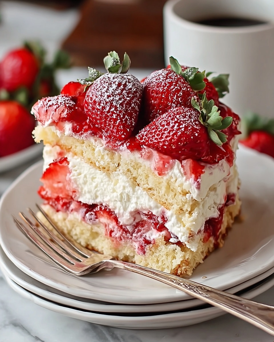 A slice of strawberry dessert is shown on a white plate with a silver fork beside it on the plate. The dessert has four layers: a crumbly light tan crust at the bottom, a thick bright red strawberry filling with visible chunks of strawberries above the crust, a thick creamy white layer on top of the filling, and large fresh whole strawberries with green leaves piled on the very top. There is a light dusting of powdered sugar over the strawberries. The plate sits on a white marbled surface and in the blurred background, there are more whole strawberries and a white cup. photo taken with an iphone --ar 4:5 --v 7