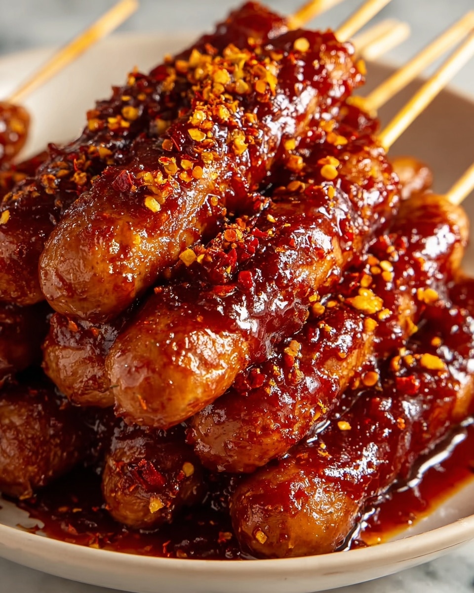 The image shows several skewered sausages stacked on a white plate, each sausage covered with a thick, glossy dark red sauce that looks sticky and rich. The sauce is sprinkled with small bits of crushed yellow and red chili flakes, giving texture and a hint of spice. The sausages are plump and golden brown under the sauce with a shiny, slightly oily surface. The plate is placed on a white marbled surface, and the overall scene is close-up, showing the juicy texture and the sauce’s shine clearly. photo taken with an iphone --ar 4:5 --v 7