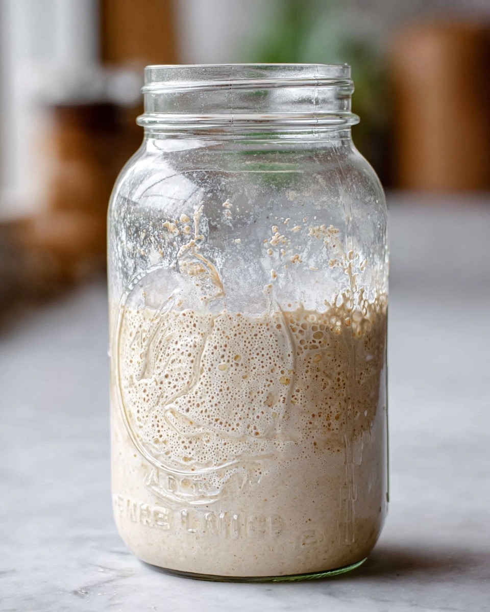 A large clear glass jar filled halfway with a bubbly, light beige sourdough starter. The texture inside is foamy with many small and medium bubbles visible throughout. The jar has an embossed rooster design on the front and some starter residue clings to the inside walls near the top. The jar sits on a flat white marbled surface with a softly blurred background that hints at a kitchen setting. Photo taken with an iphone --ar 4:5 --v 7