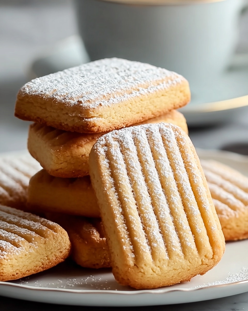A white plate holds a stack of seven rectangular shortbread cookies arranged in two uneven layers. The bottom layer has four cookies mostly flat, with their edges and some parts hidden from view. Above them, three cookies are stacked, with the front one tilted slightly forward, showing its textured ridges. Each cookie is a light golden brown with parallel ridged lines running across the top surface, dusted lightly with powdered sugar. The plate is set on a white marbled textured surface, with a blurred white cup visible in the background. Photo taken with an iphone --ar 4:5 --v 7
