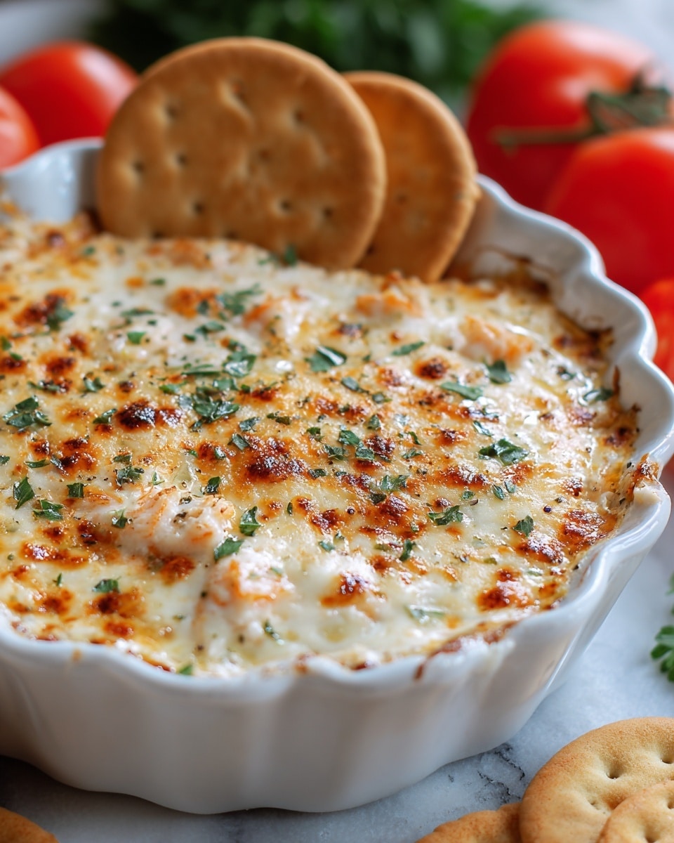 A white scalloped casserole dish filled with a creamy baked seafood dip topped with golden-brown melted cheese that has some crispy spots, garnished with small green herb pieces sprinkled across the surface. There are small chunks of white seafood peeking through the cheese layer. In the background, there are three round, browned crackers standing on edge inside the dish, and whole red tomatoes and green herbs resting on a white marbled texture around the dish. The image is sharp and close up, showing the texture of the cheese and creamy dip clearly photo taken with an iphone --ar 4:5 --v 7