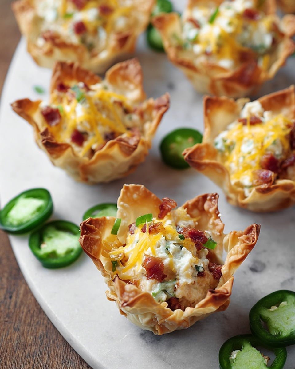 Several small crispy golden-brown wonton cups sit on a white marbled surface, each filled with a creamy mixture layered with finely chopped green jalapenos, small bits of red bacon, and melted yellow cheddar cheese on top. The creamy filling is white with visible herbs and bits of vegetables, creating a textured, colorful contrast inside the cups. Around the cups, bright green sliced jalapenos add a fresh pop of color. The overall look is bite-sized, inviting, and warm. photo taken with an iphone --ar 4:5 --v 7