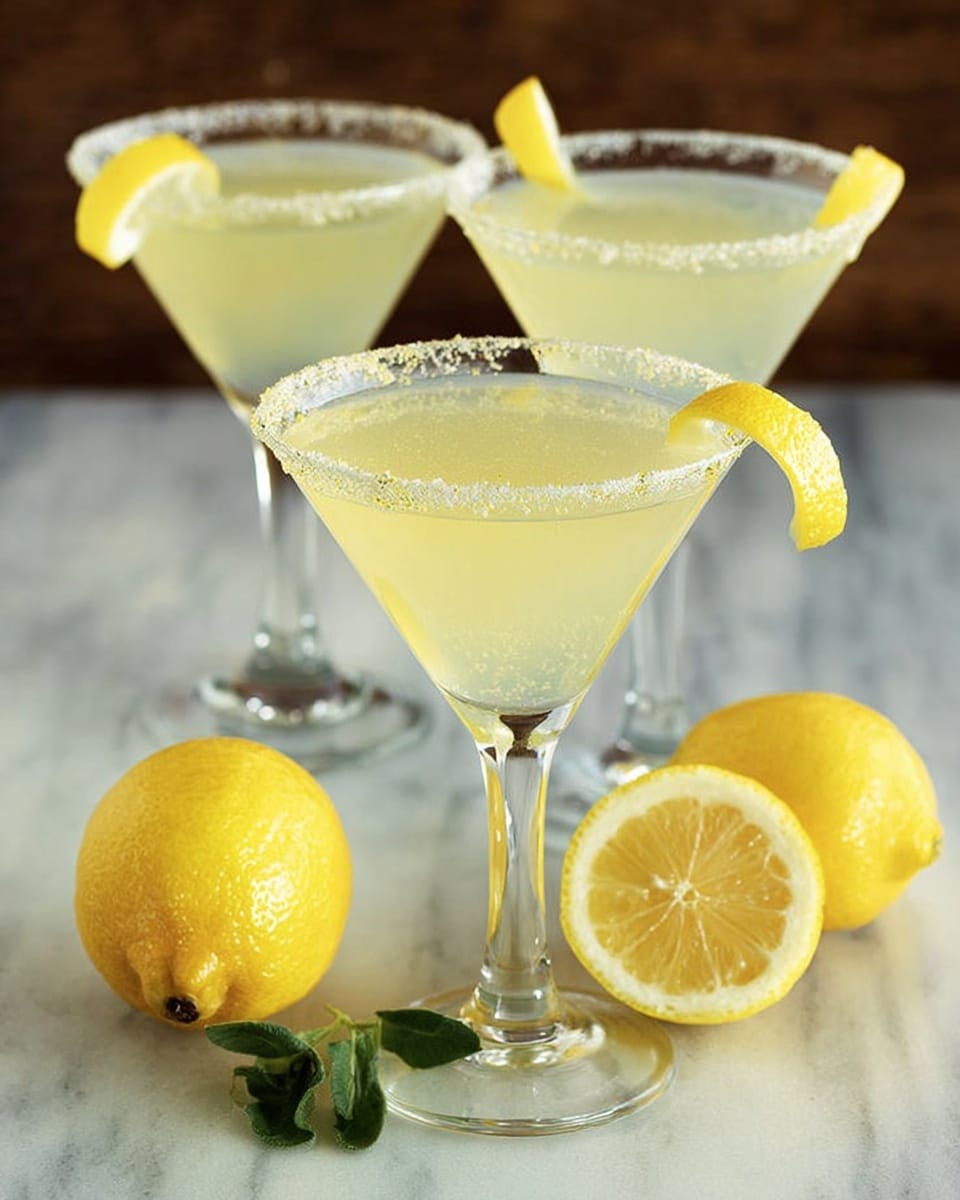 Three martini glasses filled with a pale yellow translucent drink are shown on a white marbled surface. Each glass has a thick sugar rim and is garnished with a curled lemon peel resting on the edge. Two whole lemons are placed nearby, one lemon sliced in half showing its bright yellow flesh, with a small green leaf next to it. The clear glass stemware reflects light gently, and the overall scene is bright and fresh. photo taken with an iphone --ar 4:5 --v 7