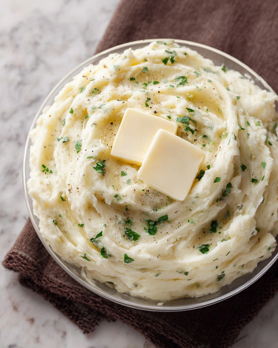 A bowl filled with creamy mashed potatoes that are soft and smooth, with small specks of black pepper and green parsley mixed throughout. On top, there are two square slices of pale yellow butter melting slightly. The mashed potatoes have a swirled texture, showing soft peaks and valleys. The bowl is white and sits on a white marbled surface with a brown cloth underneath. Photo taken with an iphone --ar 4:5 --v 7