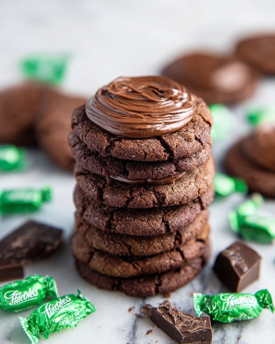 A stack of six thick, round chocolate cookies with a cracked texture is shown sitting on a white marbled surface, each cookie topped with a glossy layer of swirled chocolate frosting. Around the stack, there are green-wrapped chocolates scattered, along with broken pieces of dark chocolate. In the background, more cookies and chocolates are slightly out of focus, enhancing the depth of the image. The overall scene feels rich and inviting with a focus on the detailed texture of the cookies and frosting. photo taken with an iphone --ar 4:5 --v 7