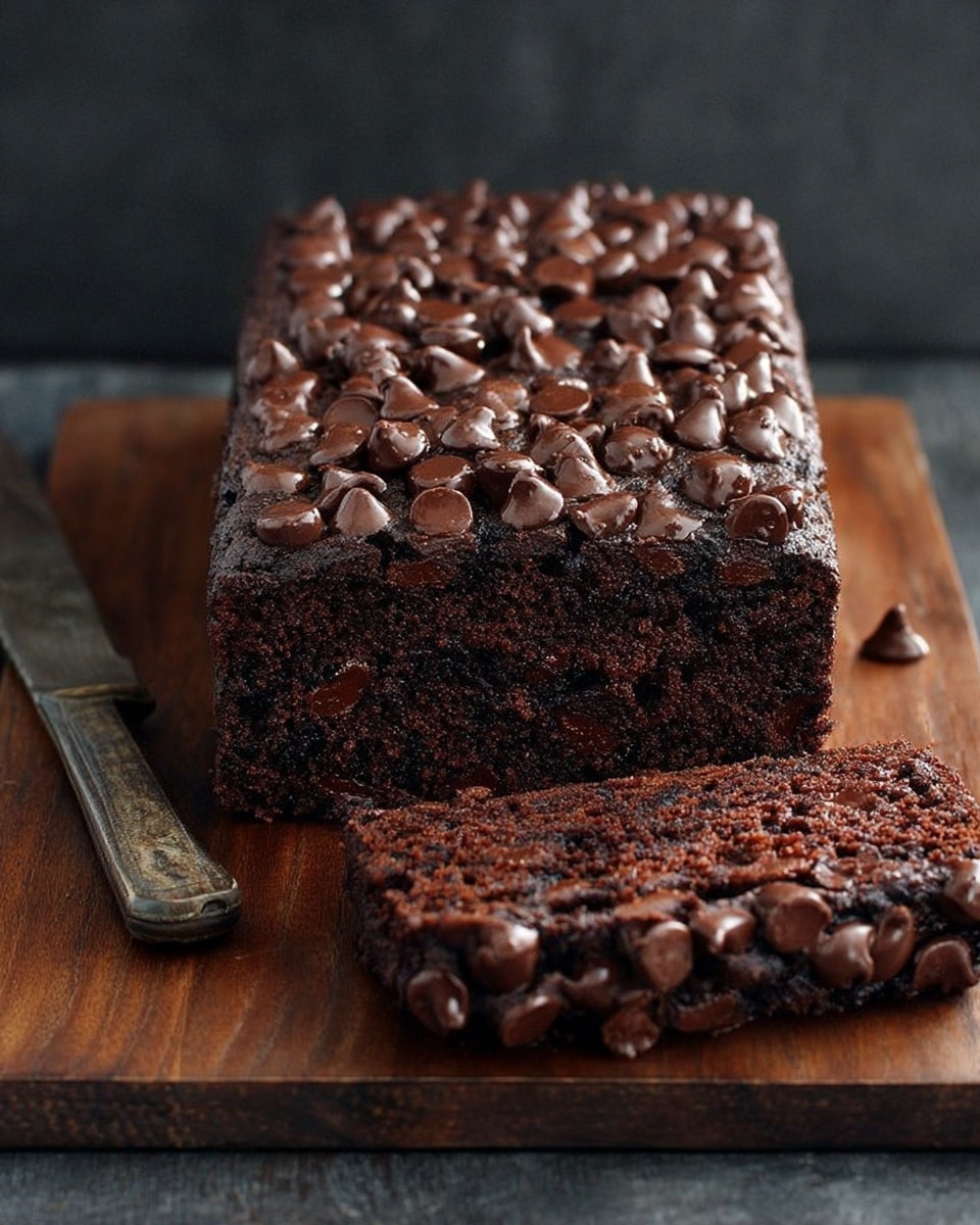The image shows a single-layer rectangular chocolate cake with a dense, moist texture. The top and front edges are covered with many smooth, shiny dark chocolate chips that stand out clearly against the rich, dark brown cake. The cake is placed on a wooden cutting board, and one slice has been cut and laid flat in front, showing the soft, crumbly inside filled with more chocolate chips. The background has a simple dark tone that contrasts with the cake, and a vintage knife with a slightly worn handle lays beside the board. photo taken with an iphone --ar 4:5 --v 7