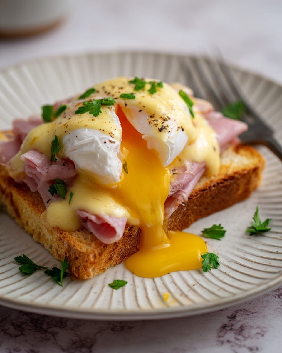 A square piece of toasted bread with layers visible inside, showing light yellow bread layered with chunks of pink ham. On top sits a poached egg with a white, smooth surface, partially covered with thick, creamy, pale yellow sauce that drips down the sides and pools onto the white plate. The sauce has a glossy texture, and the soft egg yolk flows out on one side, adding a rich golden color. Small green herb sprigs are sprinkled on top and around the plate as a garnish, all placed on a white marbled surface. photo taken with an iphone --ar 4:5 --v 7