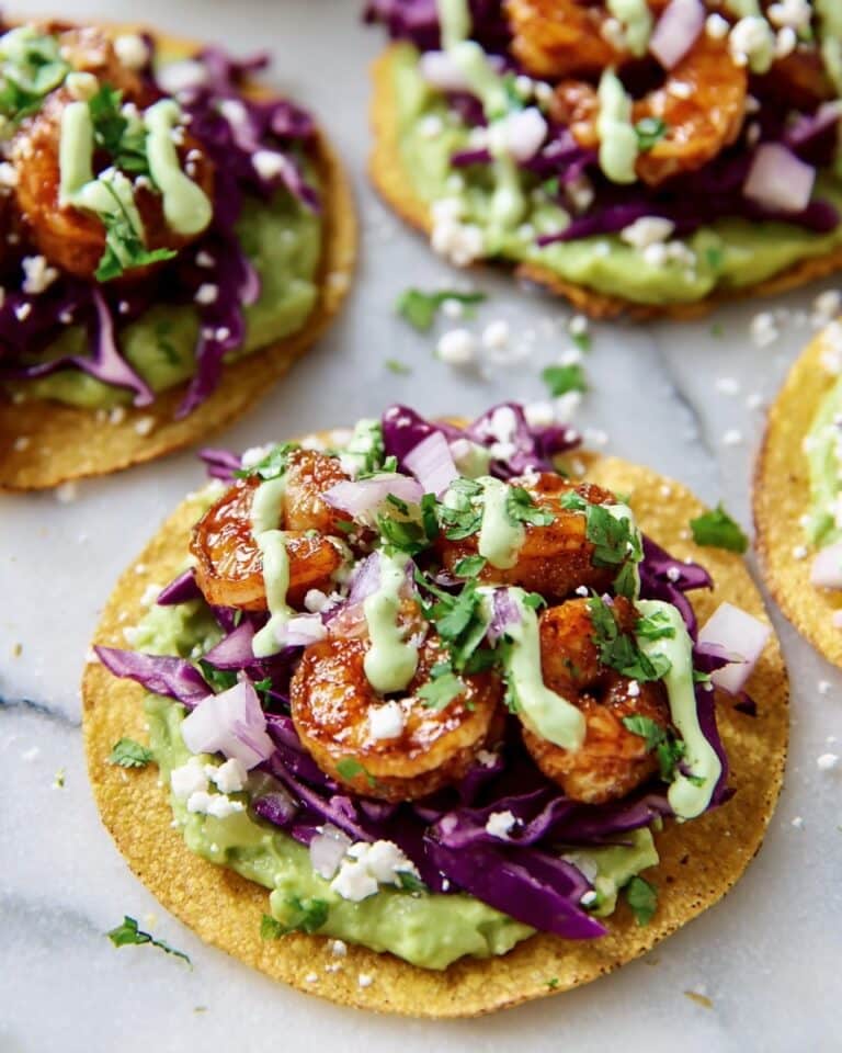 Avocado And Chipotle Shrimp Tostadas With Cilantro Lime Crema Recipe