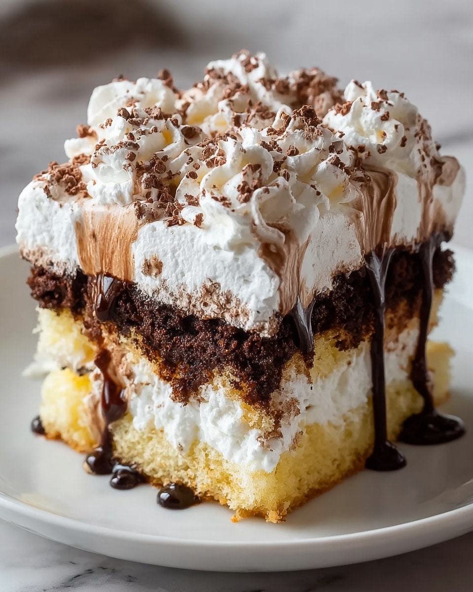 A close-up of a dessert with four visible layers on a white plate. The bottom layer is a light yellow sponge cake with a soft texture. Above that is a fluffy white cream layer. The third layer is a dark brown chocolate crumb layer with a moist look. The top layer is thick white whipped cream piped in swirls, sprinkled with tiny brown chocolate bits. Dark chocolate syrup drips down from the top, creating shiny trails over the sides. The plate is placed on a white marbled surface. photo taken with an iphone --ar 4:5 --v 7