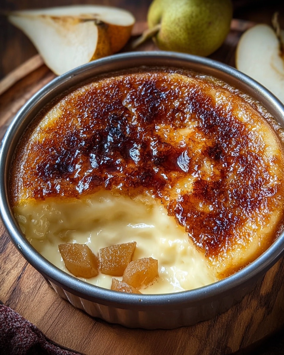The dish shows a round dessert inside a silver baking dish with a browned, caramelized top layer that looks crispy and textured. Below this top layer is a creamy, smooth yellow custard layer, partially scooped out to reveal small pieces of soft, light brown baked fruit. The dessert sits on a wooden surface with sliced fruit and whole pear pieces visible in the background. The lighting highlights the glossy, rich surface of the custard and the golden crust on top. photo taken with an iphone --ar 4:5 --v 7