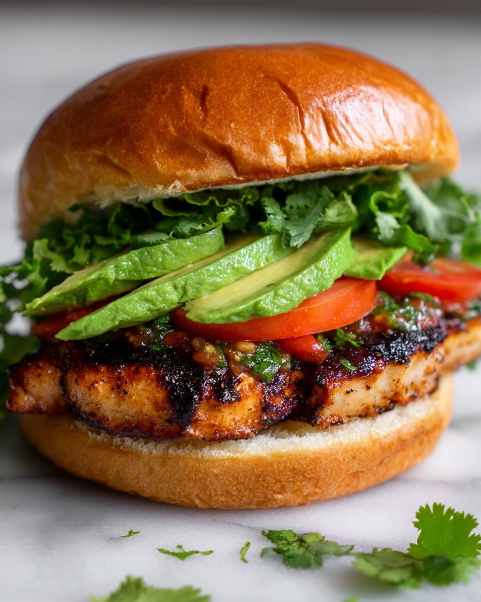 A grilled chicken sandwich on a golden toasted bun with a slightly crunchy top layer, filled with several thick slices of charred and juicy grilled chicken layered at the bottom. Above the chicken, there are pieces of fresh green avocado, red diced salsa with visible small bits of tomato and onion, and bright green fresh cilantro leaves scattered on top. A woman's hand is not shown but the sandwich is placed on a white marbled surface with some cilantro leaves around it. Photo taken with an iphone --ar 4:5 --v 7
