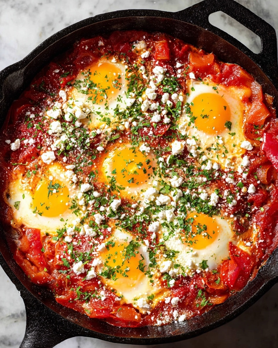 A white plate with a light grey inner ring holds two cooked eggs, one sunny side up with a bright yellow yolk and the other with a white yolk, both on a layer of chunky tomato sauce mixed with diced red tomatoes, onions, and spices, sprinkled with small white cheese crumbles and chopped green herbs. On the right side of the plate is a slice of toasted bread spread with a thick layer of creamy white cheese. A fork with a wooden handle lies on the left edge of the plate, and the plate rests on a folded light blue napkin over a white marbled surface. photo taken with an iphone --ar 4:5 --v 7
