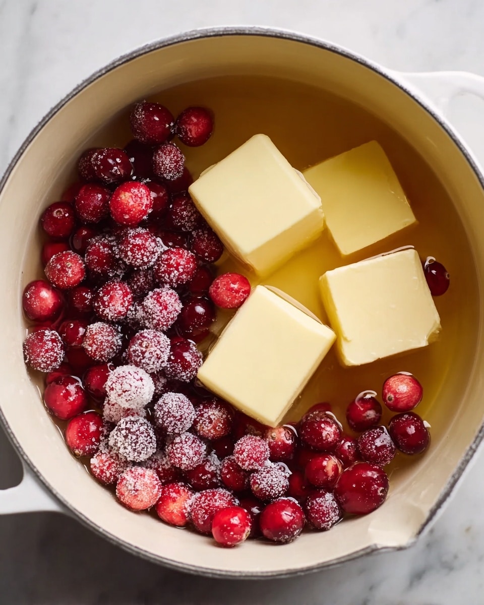 A white pot filled with a mixture of three large cubes of pale yellow butter sitting in a layer of light amber syrup, surrounded by a layer of bright red cranberries with a shiny texture, some cranberries dusted lightly with white granulated sugar. The pot rests on a white marbled surface. Photo taken with an iphone --ar 4:5 --v 7