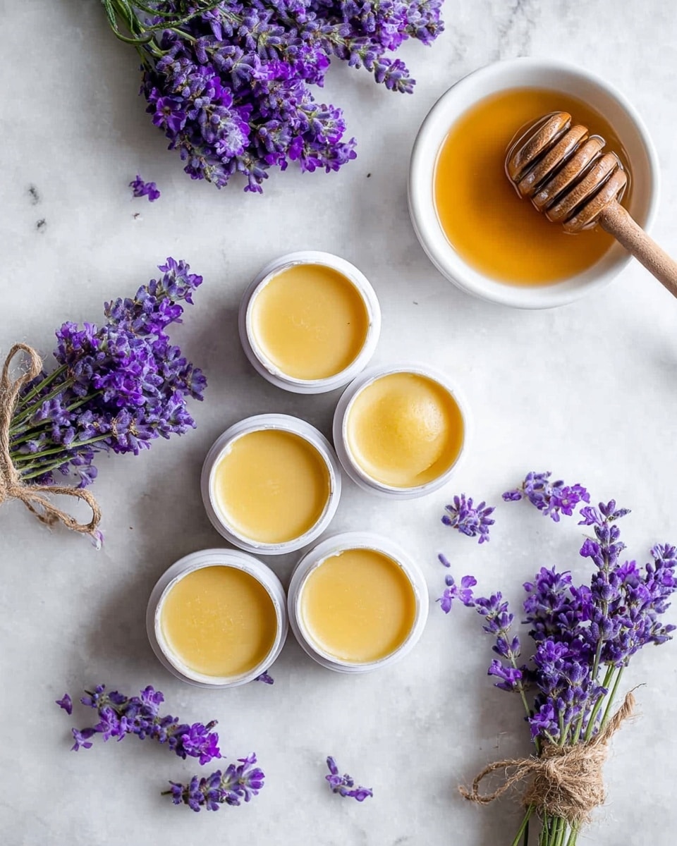 The image shows five small white jars filled with a smooth, golden yellow balm arranged in a loose cluster on a white marbled surface. Around the jars, there are fresh sprigs of vibrant purple lavender flowers, some tied with natural twine and others loose, scattered gently. To the top right, a white bowl holds a light brown honey with a wooden honey dipper resting beside it, adding a natural, warm tone to the scene. The overall look is clean and fresh, with the contrast of the golden balm, purple flowers, and light brown honey standing out against the soft white marble background. Photo taken with an iphone --ar 4:5 --v 7