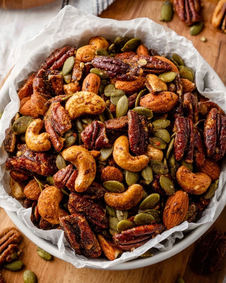 A close-up of a white bowl filled with a mix of roasted nuts and seeds on a white crumpled paper liner; the mix includes brown pecans, light brown cashews, darker brown almonds, and green pumpkin seeds all coated with a shiny seasoning giving a slightly oily texture. The bowl sits on a brown wooden surface, and scattered nuts are partly visible nearby. The lighting highlights the rich colors and textures of the nuts. Photo taken with an iphone --ar 4:5 --v 7