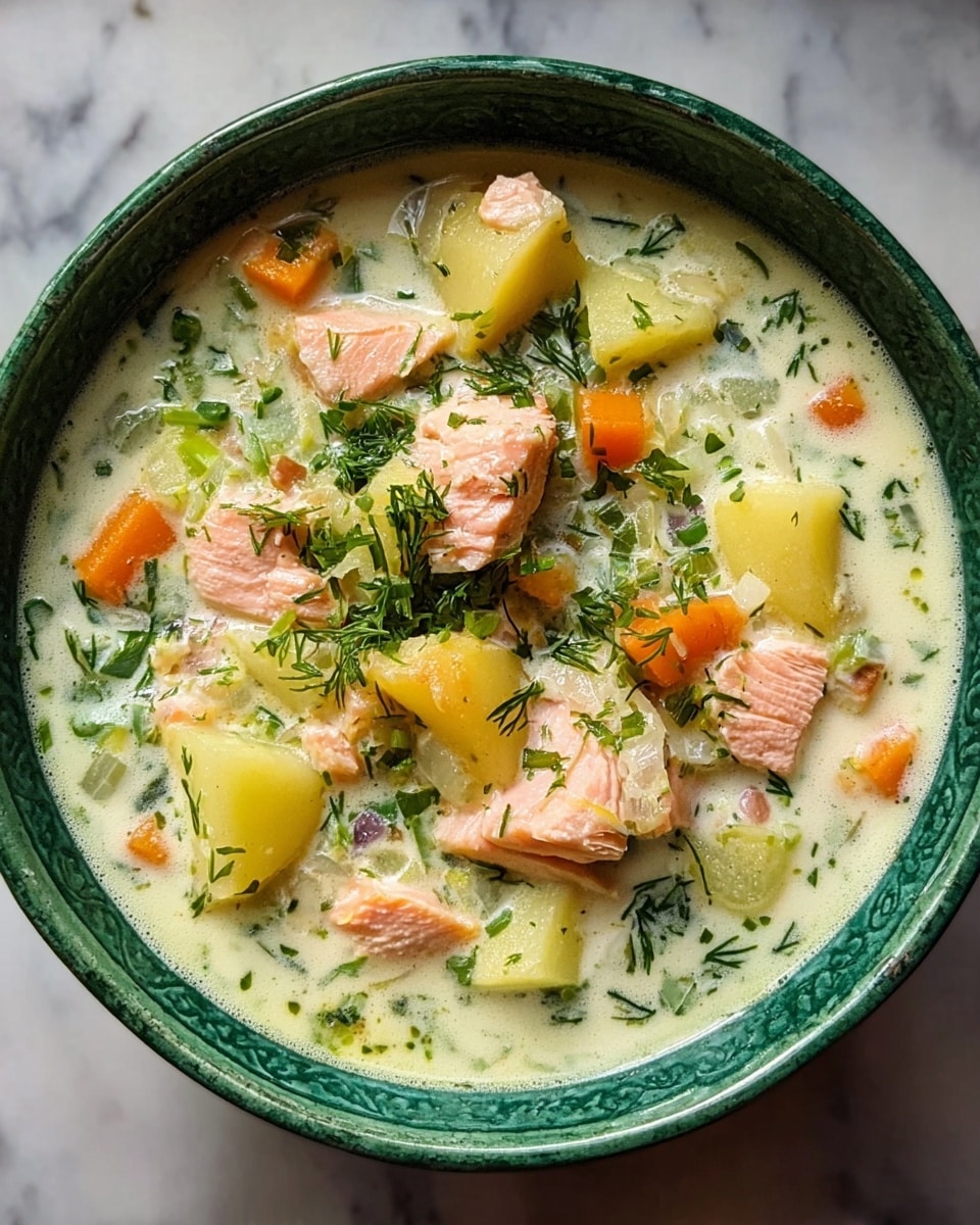 A creamy soup is served in a white bowl, filled with several layers. The base layer is a pale cream-colored broth mixed with small green herbs spread evenly. On this, there are several chunks of soft pink salmon placed near the center. Around the salmon, pieces of light yellow potatoes and small orange carrot slices are scattered. Diced green celery and darker green herb sprinkles cover the soup throughout. The dish is garnished with a small bunch of fresh, finely chopped green dill right in the center, adding a vibrant touch. The bowl sits on a white marbled surface. photo taken with an iphone --ar 4:5 --v 7