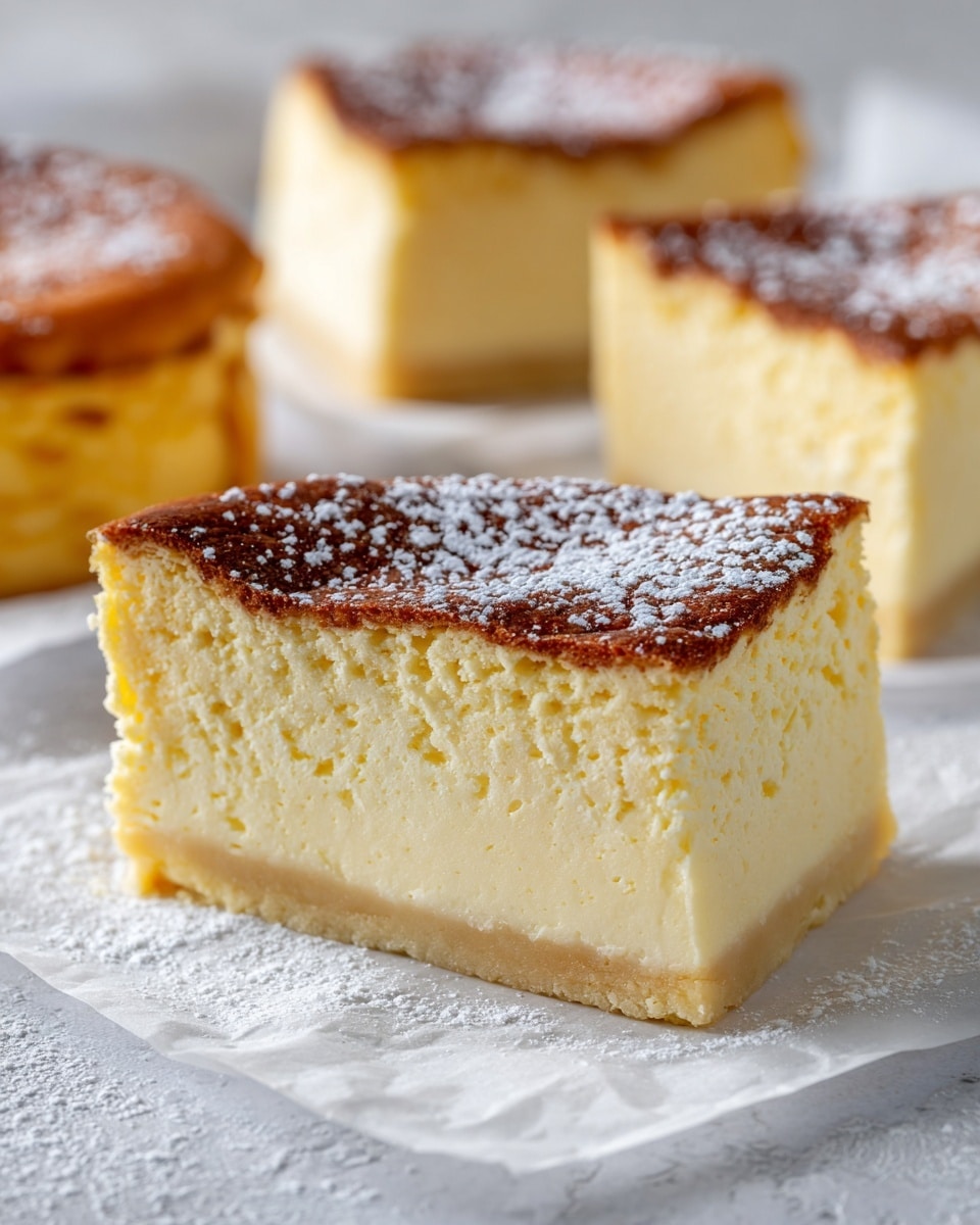 The image shows a close-up of a piece of soft cheesecake with two layers: a light creamy yellow bottom layer with a smooth, dense texture, and a thicker top layer that is a darker golden brown with a slightly cracked surface dusted with powdered sugar. The cake slice is placed on white parchment paper, which rests on a white marbled textured surface. In the background, more slices of the same cheesecake are visible, showing the same dual-layer colors and textures, highlighting the creamy interior and browned top. photo taken with an iphone --ar 4:5 --v 7