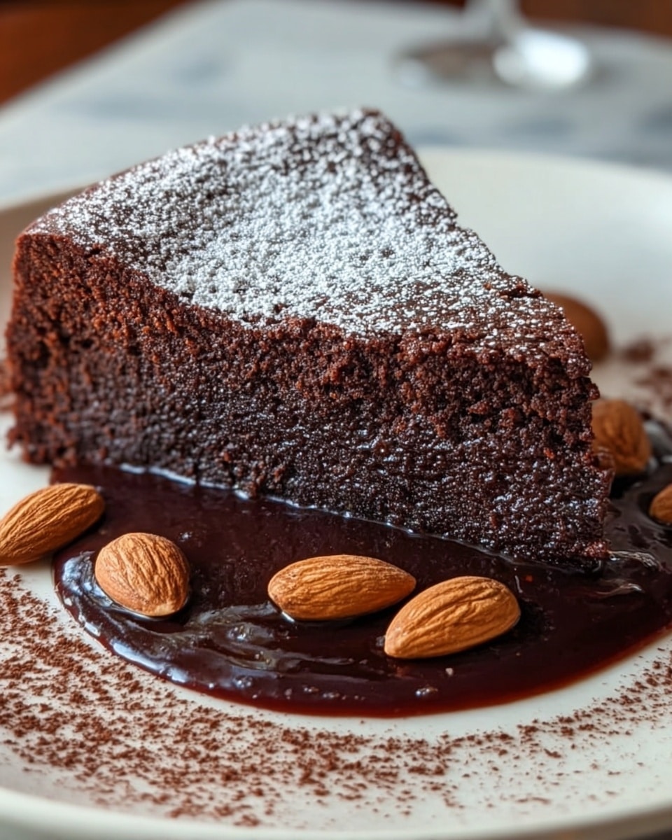 A slice of rich, dark brown chocolate cake with a moist and dense texture sits on a white plate. The cake has one thick layer, dusted generously with white powdered sugar on top. Underneath, a glossy, dark chocolate sauce pools on the plate, shining under the light. Around the cake slice, several whole light brown almonds are scattered, with a fine sprinkle of cocoa powder creating a textured pattern on the plate. The background features a white marbled surface, adding an elegant touch. Photo taken with an iphone --ar 4:5 --v 7