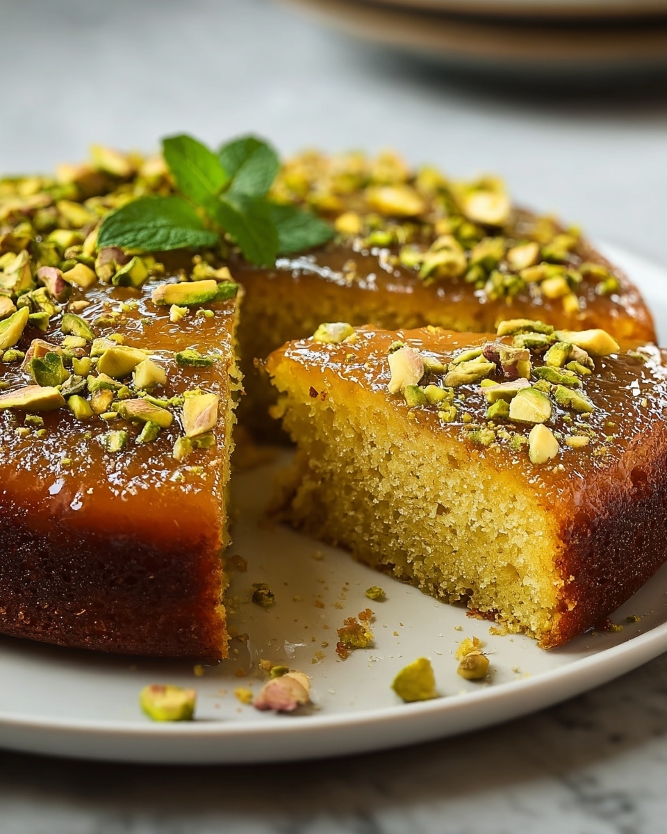 The image shows a round cake with two main layers: a golden-brown crispy top layer covered with crushed pistachios and whole pistachio nuts, and a moist, light greenish-yellow bottom cake layer with a soft texture. The cake has a slice removed, revealing the inside texture, and it is placed on a white plate with some scattered pistachio pieces around it. There is a fresh green mint leaf on top as decoration. The background is a white marbled texture. photo taken with an iphone --ar 4:5 --v 7