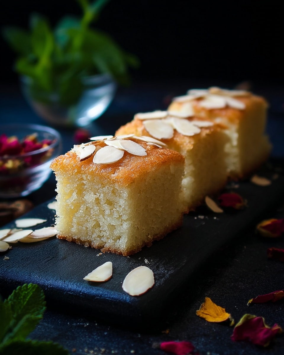 Three square pieces of soft, moist cake with a light golden crust on top are placed in a line on a dark rectangular board. Each cake piece is topped with thin slices of white almonds that add texture. The cake layers look dense and crumbly with a light yellow color inside beneath the golden brown top layer. Around the board, there are scattered red and yellow dry flower petals and almond slices. In the background, there is a small glass bowl with fresh green leaves, all set on a dark surface that contrasts with the cakes. photo taken with an iphone --ar 4:5 --v 7
