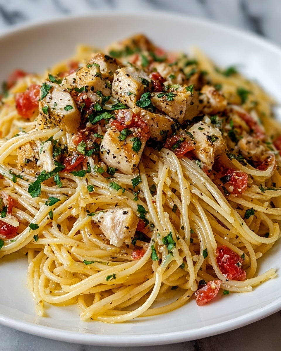 A white plate filled with a tangled nest of thin, long yellow spaghetti pasta as the base layer, mixed with small pieces of bright red diced tomatoes scattered throughout. On top, there is a layer of grilled chicken chunks with a light brown sear, speckled with black pepper and fresh green chopped parsley leaves. The dish is coated lightly with a creamy sauce that gives a slight sheen, and some more parsley is sprinkled on the top for a fresh look. The plate sits on a white marbled surface. photo taken with an iphone --ar 4:5 --v 7
