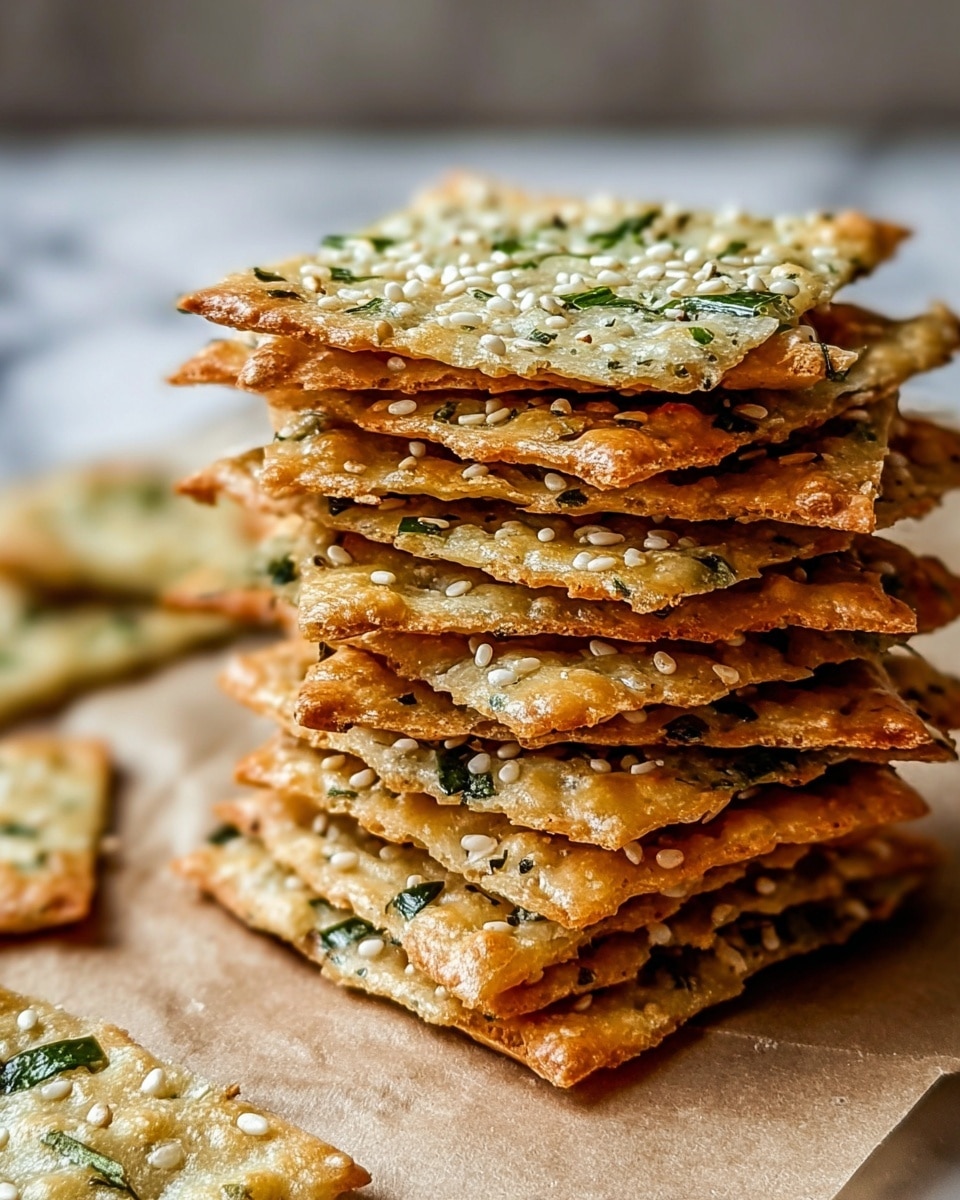 A tall stack of square crackers is shown, with about ten thin, crispy layers. Each cracker is golden brown and lightly toasted, covered with small white sesame seeds and scattered green herb pieces, giving texture and color contrast. The crackers have a slightly rough yet crunchy surface with some visible air bubbles. The stack sits on brown parchment paper on a white marbled surface, with a few loose crackers around it. The focus is sharp on the front of the stack, with a blurred background. Photo taken with an iphone --ar 4:5 --v 7