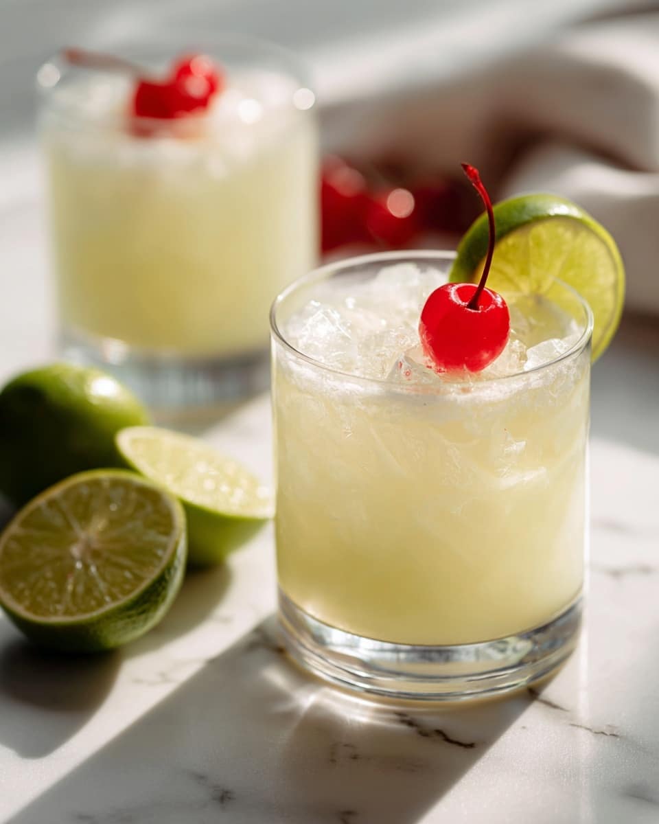 A short clear glass filled with a pale yellow creamy drink layered with clear ice cubes floating on top. A bright red cherry with a thin stem sits near the rim, accompanied by a fresh green lime wheel placed on the glass edge. In the background, there is another similar glass blurred slightly, and halved lime pieces rest on a smooth white marbled surface. The lighting is soft and natural, highlighting the drink’s cool and refreshing texture. Photo taken with an iphone --ar 4:5 --v 7