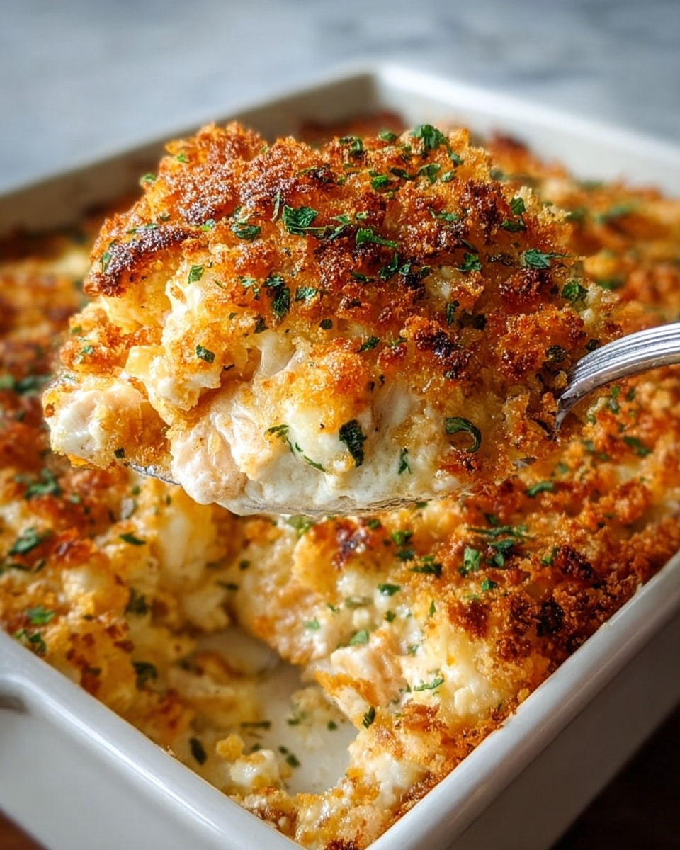A close-up of a baked dish with a golden brown, crispy topping sprinkled with green herbs. The dish has a rough, crunchy texture with browned cheese and breadcrumbs on the top layer. Underneath is a creamy, soft layer of white sauce and melted cheese mixed with small chunks of cooked chicken, visible as light beige pieces. The food is in a white rectangular baking dish, and a silver spoon lifts a portion showing the layers clearly against a white marbled background. Photo taken with an iphone --ar 4:5 --v 7