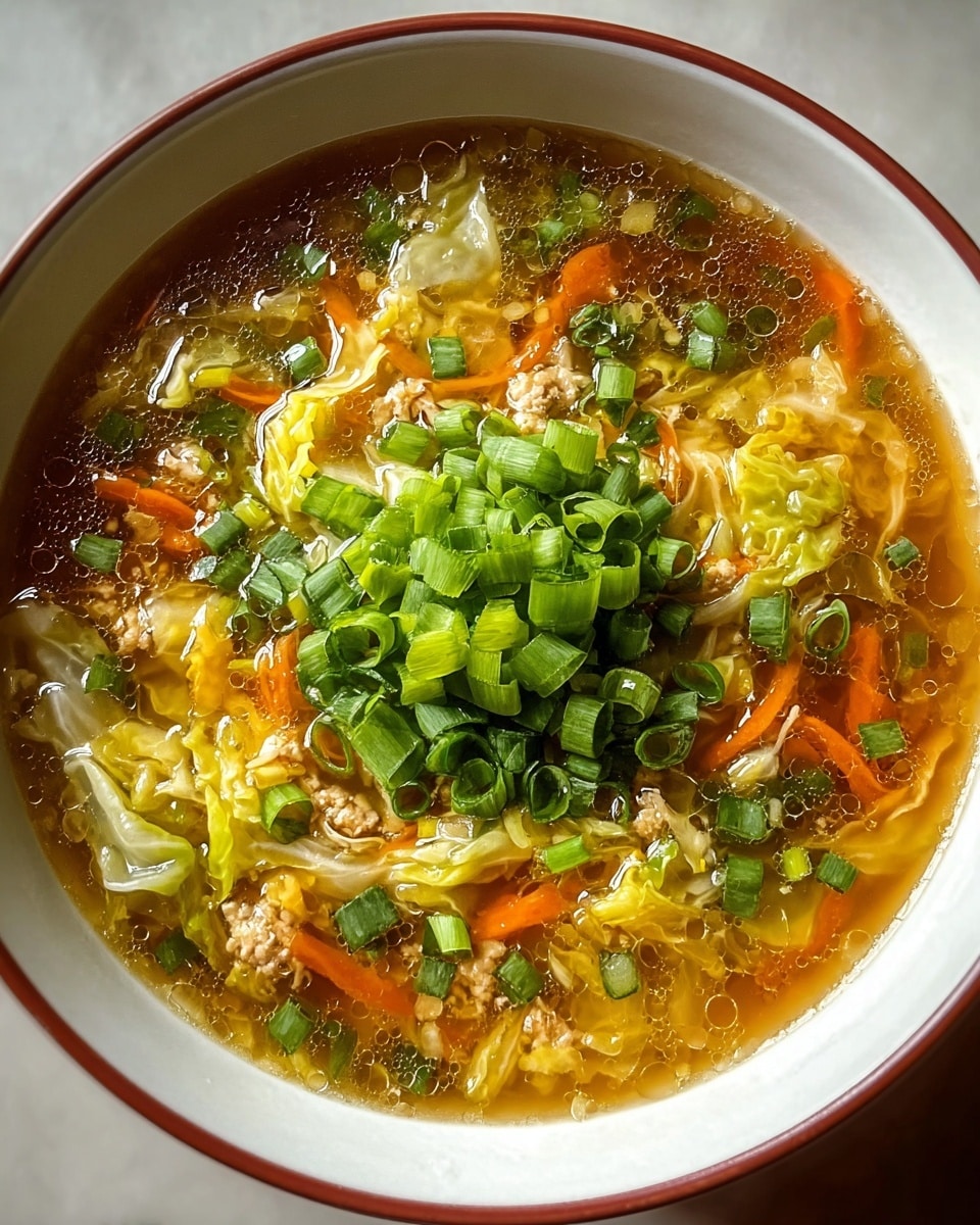 A white bowl with a thin red rim holds a clear broth soup filled with several layers. The liquid layer is light brown with oil spots on the surface. Inside, there are soft yellow strands, orange carrot slices, small green scallion pieces, and pale green cabbage leaves. On top in the center is a thick pile of bright green chopped scallions. Photo taken with an iphone --ar 4:5 --v 7
