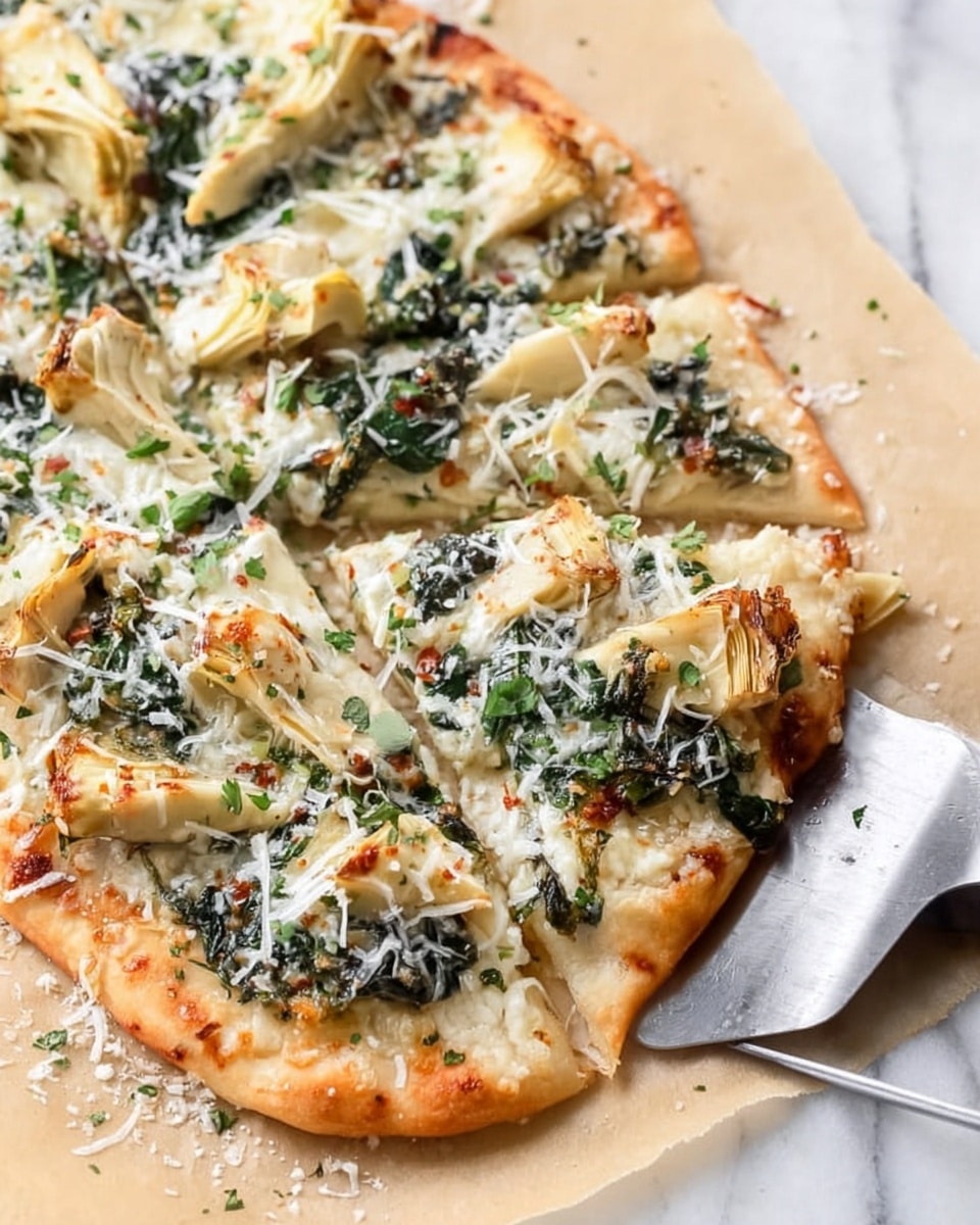 The image shows a flatbread pizza on a sheet of parchment paper placed on a white marbled surface. The pizza has a golden brown crust with a thin layer of creamy white sauce. Spread over the sauce are wilted dark green spinach leaves and chunks of light golden artichoke hearts. The entire pizza is topped with finely grated white cheese and small bits of chopped green herbs scattered across the surface. A metal spatula is placed partially under the edge of the pizza. The scene captures the flatbread in close-up with natural lighting. photo taken with an iphone --ar 4:5 --v 7