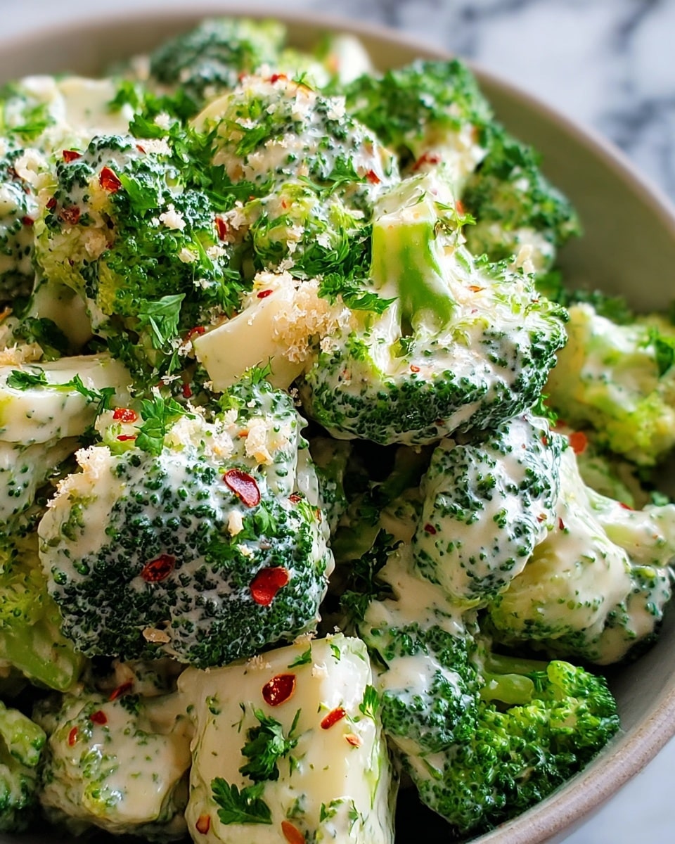 The image shows a close-up of fresh broccoli florets coated in a creamy white sauce with a slightly grainy texture. The broccoli is bright green with tiny buds, clearly fresh and crisp. Scattered on top are small bits of chopped green herbs and tiny red chili flakes, adding a pop of color. The broccoli pieces are layered closely together, filling the frame with a fresh and vibrant look. The background surface is a white marbled texture. photo taken with an iphone --ar 4:5 --v 7