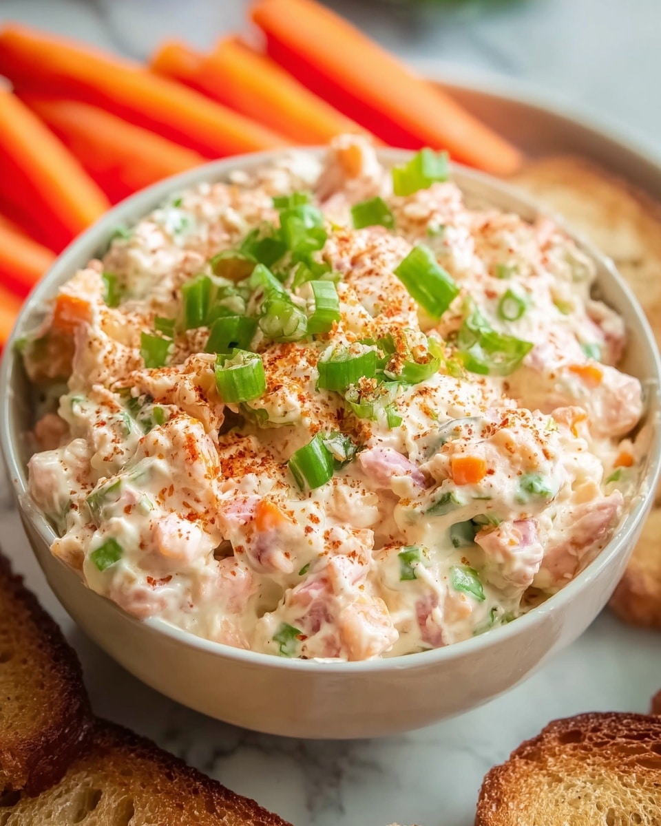 A close-up view of a bowl filled with a creamy, chunky mixture that has a light pinkish-white color with small pieces of orange and green mixed throughout. The dish is topped with bright green chopped scallions and a light sprinkle of reddish seasoning. The bowl is white, and in the background, there are blurry orange carrot sticks and slices of toasted brown bread, all set on a white marbled surface. photo taken with an iphone --ar 4:5 --v 7