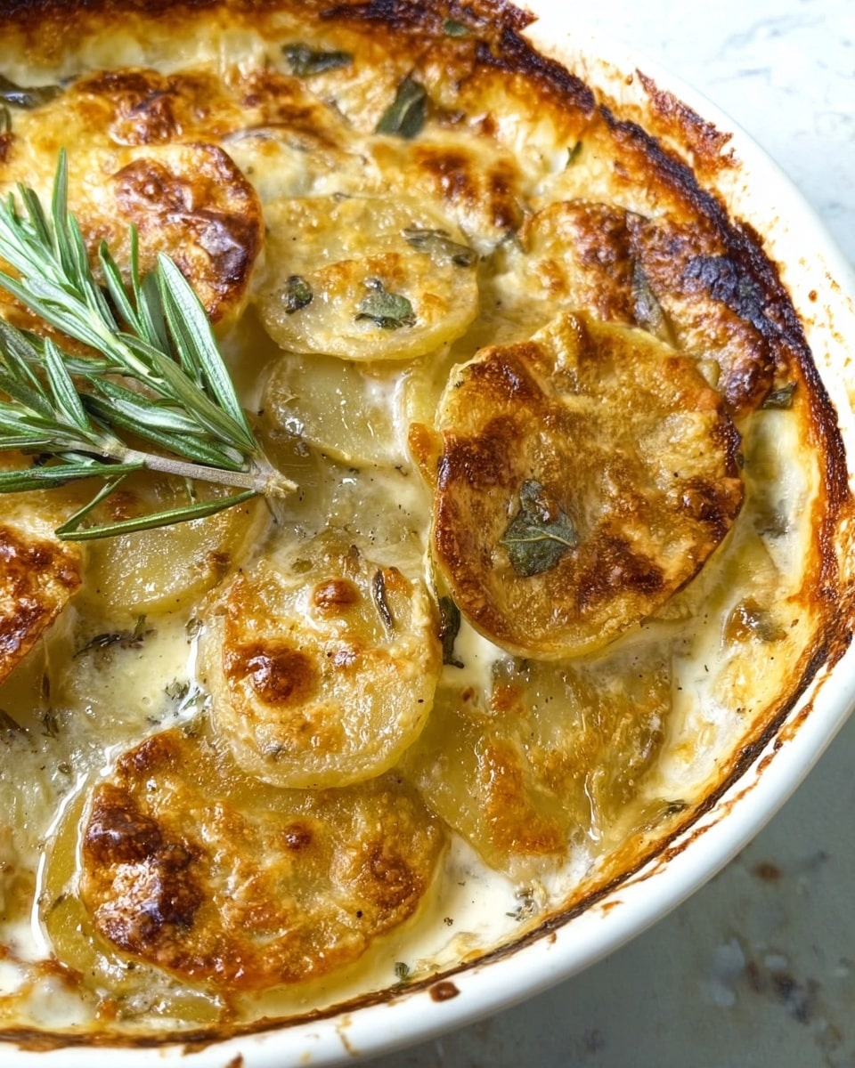 A close-up view of a white round baking dish filled with creamy scalloped potatoes. The dish shows about two layers of thinly sliced golden potatoes, baked until the edges are crisp and brown, with melted cream and herbs in between. The top layer shows browned, slightly crispy potato slices with green herb pieces scattered across, and a sprig of fresh rosemary rests on top, adding texture and color. The edges of the dish are browned from baking, contrasting with the soft creamy inside. The background is a white marbled texture. photo taken with an iphone --ar 4:5 --v 7