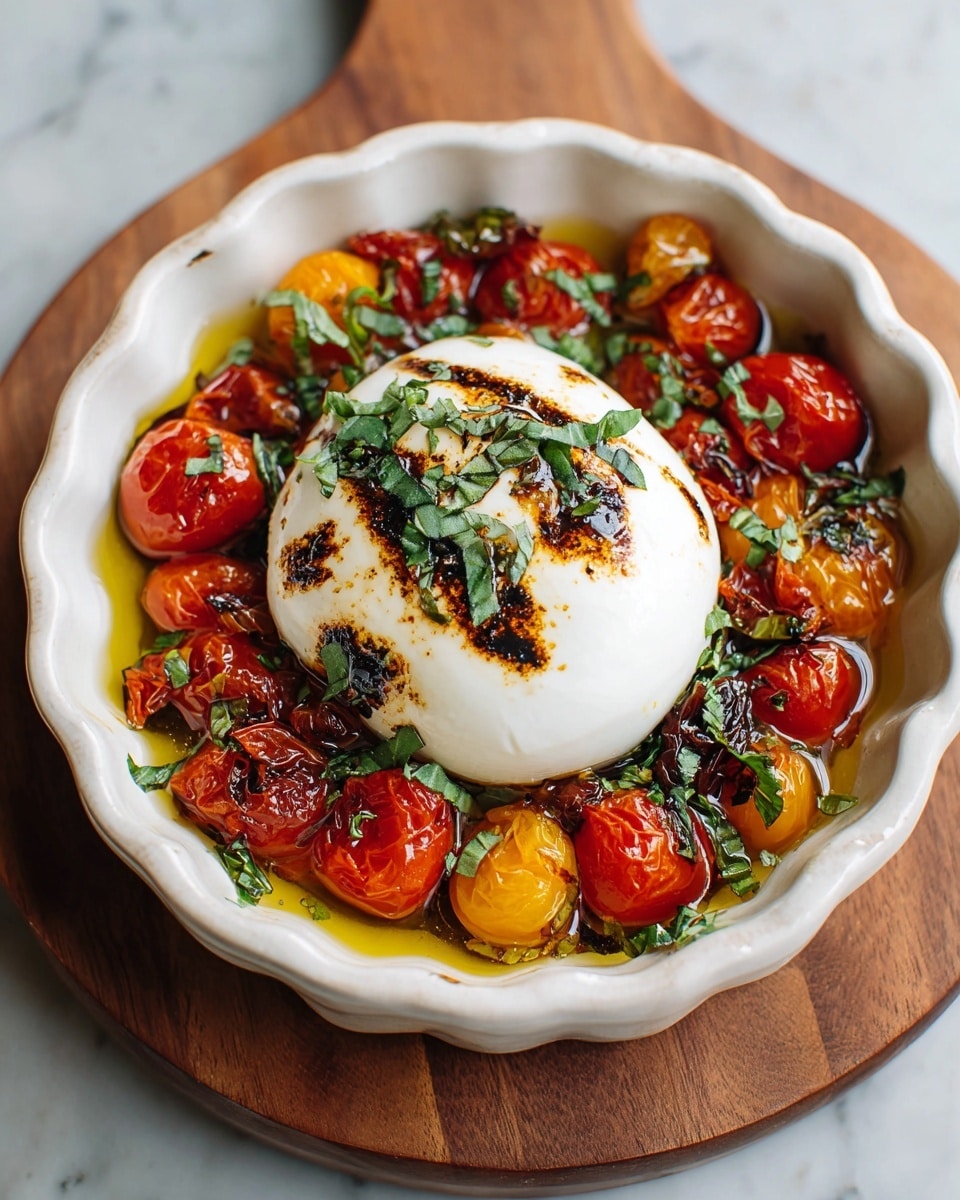 Baked Burrata with Roasted Cherry Tomatoes, Garlic, Oregano, and Balsamic Glaze Recipe - Recipe Image