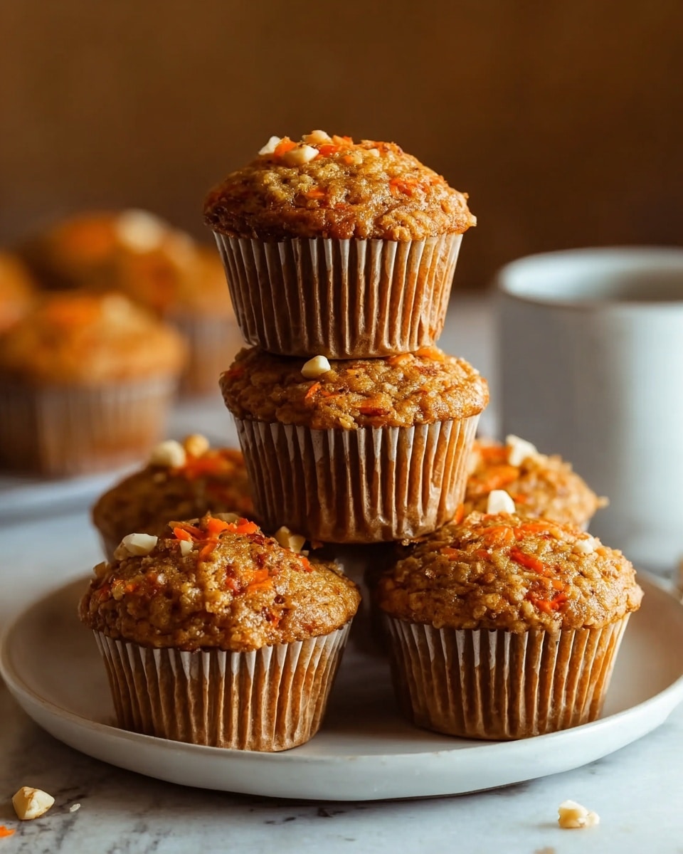 A stack of six carrot muffins arranged on a white plate with three muffins forming the base layer, two muffins placed on top in the middle, and one muffin prominently on top center. Each muffin is wrapped in a light brown paper liner, with a textured brown surface dotted with small orange carrot bits and white nut pieces visible on top. The background is softly blurred with a warm tone and a cup visible, while the plate rests on a white marbled textured surface. Photo taken with an iphone --ar 4:5 --v 7