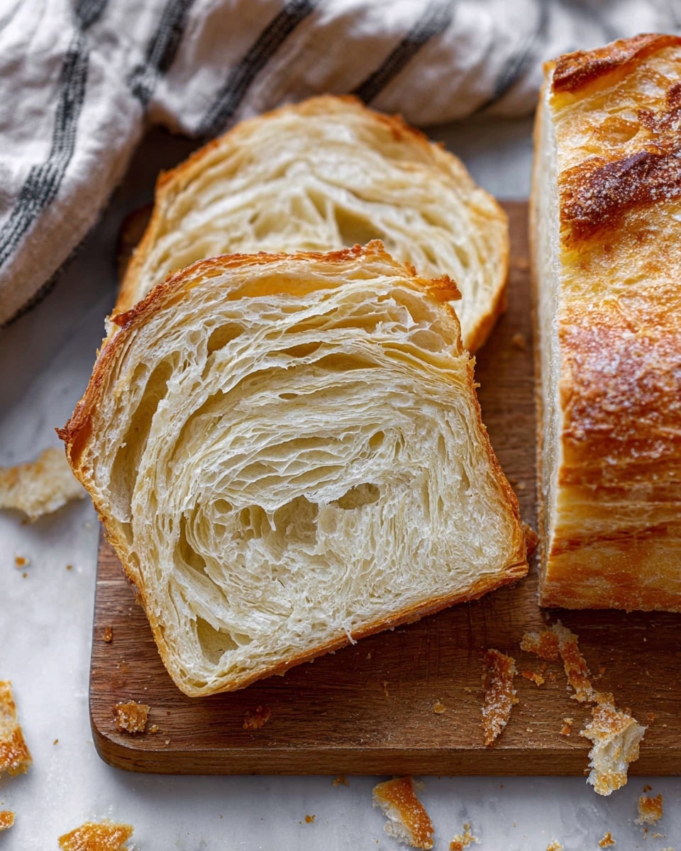 This image shows two slices of flaky bread with a golden-brown crust and many white soft layers inside, resting on a wooden cutting board. The bread's layers are thin and curved, giving it a light and airy look. Bread crumbs are scattered around on the board and the white marbled surface underneath. Part of the full loaf with a shiny crust is shown on the right side, and a striped towel is blurred above the board. Photo taken with an iphone --ar 4:5 --v 7