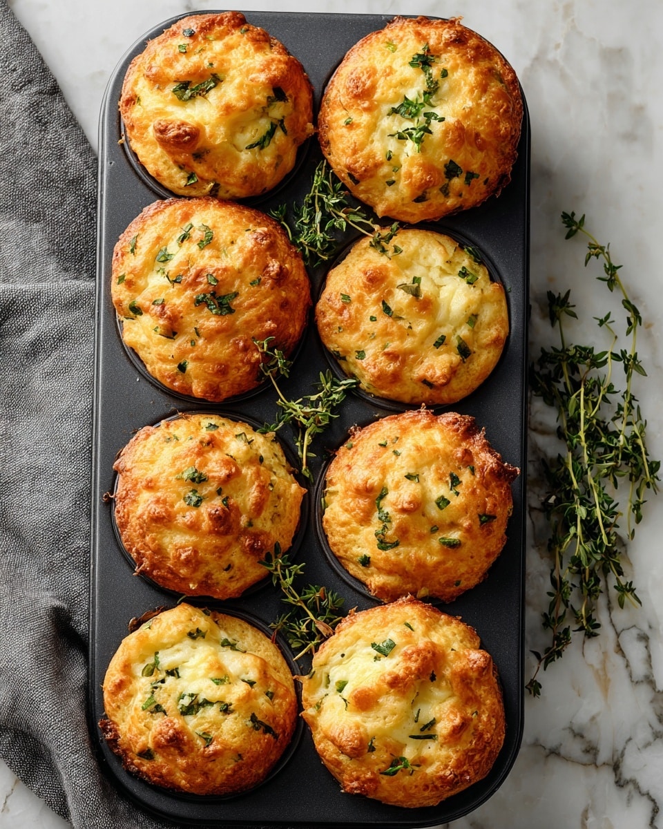 The image shows a dark muffin tray holding eight golden-brown cheese muffins, each slightly risen with a textured, uneven top. The muffins have melted cheese visible on the surface, giving a shiny and crispy look with light brown spots. Small green herb bits are scattered throughout and on top of the muffins, some finely chopped and some larger, adding a fresh contrast to the warm colors. Between the muffins, sprigs of fresh thyme lie on the tray, offering a natural green touch. The tray sits on a white marbled surface with a grey cloth partially visible on the left side. photo taken with an iphone --ar 4:5 --v 7