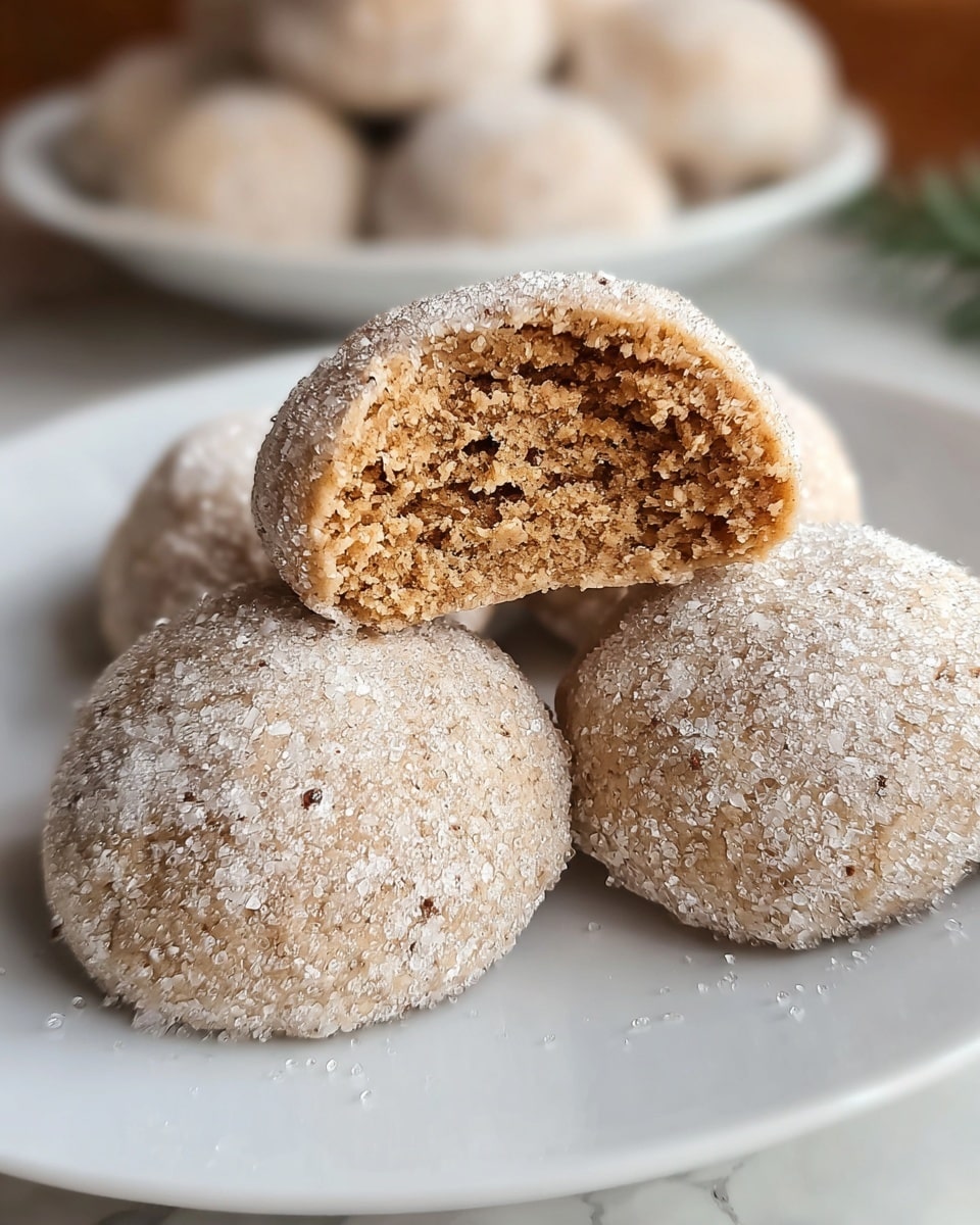 The image shows a white plate filled with round cookies coated in granulated sugar. There are about five cookies visible, arranged closely together. The cookie in the center is cut in half and rests on top of the others, showing its soft, dense, and slightly crumbly brown inside. The outside texture is grainy with sugar crystals sparkling under the light. The background features a white marbled texture with a blurred white plate holding more cookies visible in the distance. photo taken with an iphone --ar 4:5 --v 7