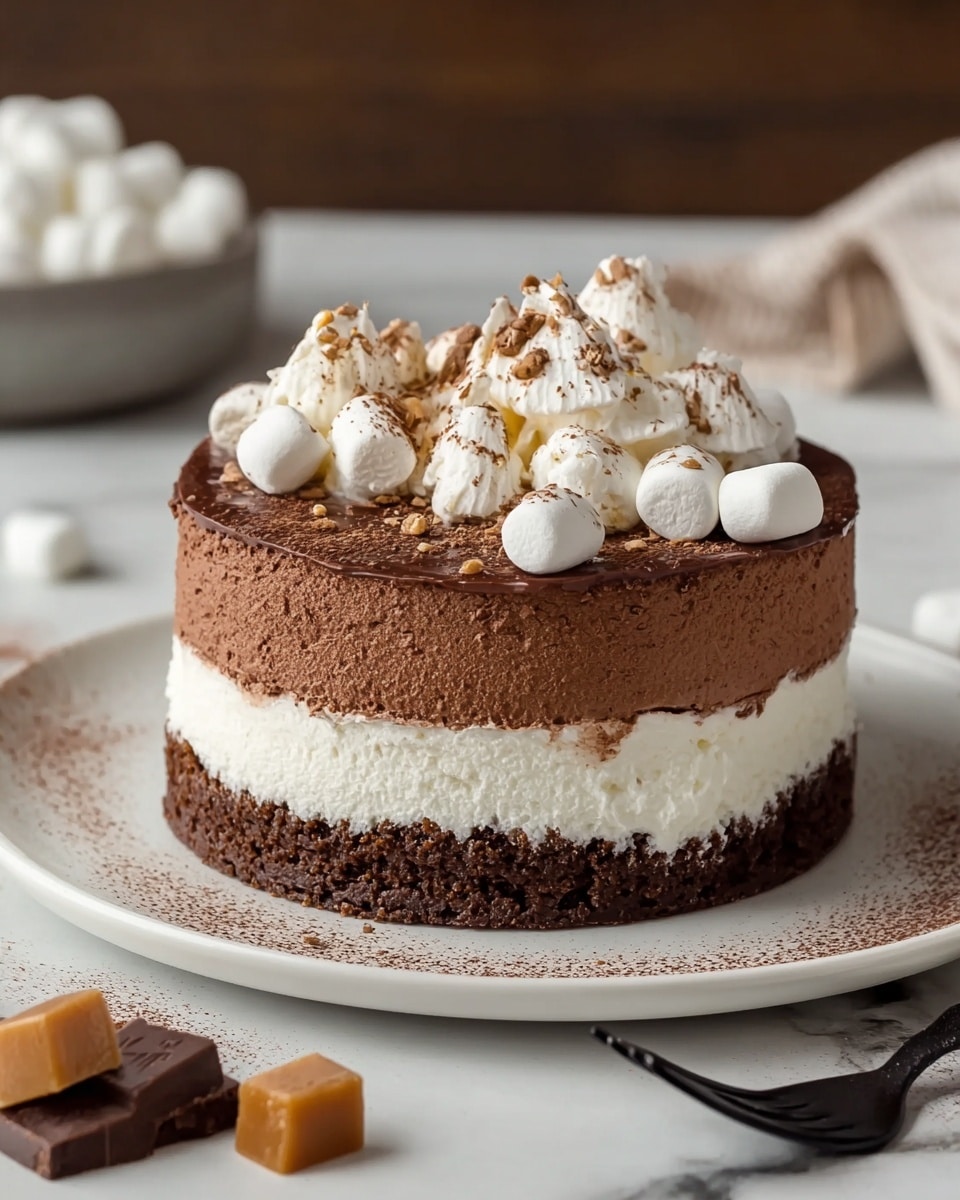 The dessert is a three-layer round cake on a white plate; the bottom layer is a dark brown crumbly crust, the middle layer is thick and white with a smooth texture, and the top layer is a rich, dark brown chocolate mousse with a soft, velvety surface. On top, there are dollops of whipped cream and small white marshmallows scattered, all sprinkled with a light dusting of cocoa powder. The plate is placed on a white marbled textured surface with a black fork in front and some chocolate and caramel pieces to the side. Photo taken with an iphone --ar 4:5 --v 7