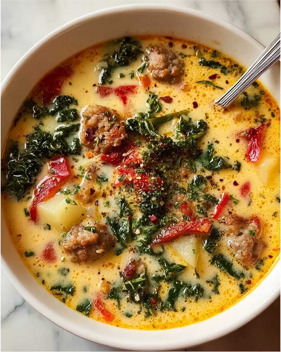A white bowl filled with creamy soup that has a warm yellowish base with small oil spots on its surface; the soup contains chunky pieces of light brown sausage, bright green kale leaves, diced red tomatoes, and pale potato cubes. The soup is topped with a sprinkle of herbs and small bits of red pepper flakes, giving it a textured appearance. A silver spoon rests inside the bowl, and the bowl is placed on a white marbled surface. photo taken with an iphone --ar 4:5 --v 7