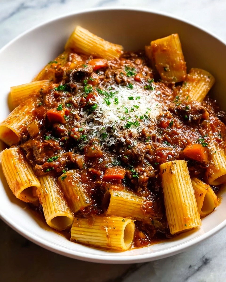 A white bowl filled with rigatoni pasta mixed with a thick, rich brown-red meat sauce containing chunks of minced meat and bits of vegetables. The tubes of pasta are glossy and lightly coated in sauce, scattered around the bowl with some partially submerged. On top of the sauce, there is a small pile of grated cheese sprinkled with finely chopped green herbs. The background is a white marbled surface. photo taken with an iphone --ar 4:5 --v 7