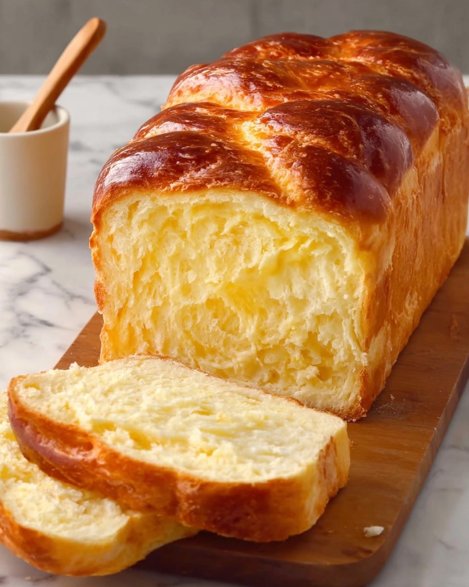 The image shows a loaf of soft bread with a shiny golden-brown crust on top. The bread's inside is light yellow and fluffy, with a slightly moist texture. Two slices are cut from the loaf, lying flat in front, showing the tender, airy interior. The loaf rests on a wooden board, and a small white cup with a wooden utensil is in the background. The whole scene is set on a white marbled surface. photo taken with an iphone --ar 4:5 --v 7