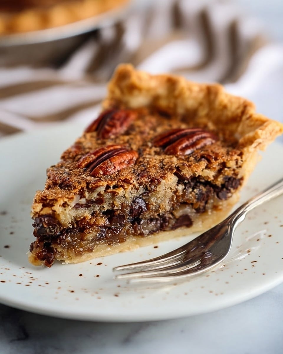 A close-up view of a pecan pie with one slice removed, showing three main layers: the top layer is golden brown and crumbly with whole pecan halves scattered across, the middle layer is gooey and nut-filled with bits of pecans and a sticky, caramel-like texture, and the bottom layer is a light golden flaky crust. The pie is in a shiny silver pie tin, placed on a wooden surface. The focus is on the detailed texture of the filling and crust, with some crumbs visible around the cut edge. Photo taken with an iphone --ar 4:5 --v 7