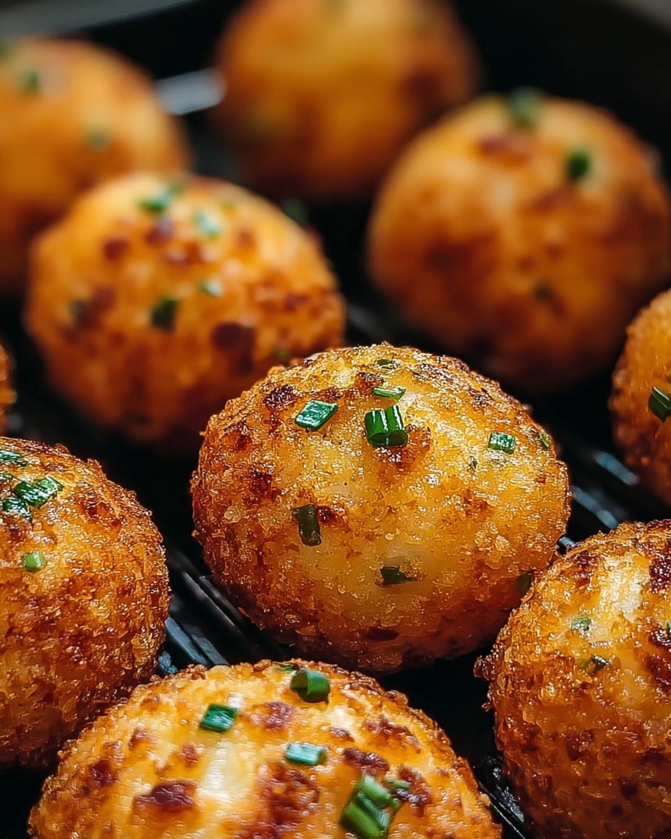 The image shows round, golden-brown fried balls arranged closely on a black grill pan. Each ball has a crispy, textured outer layer with small green chive pieces scattered across the surface, adding subtle pops of color. The balls appear evenly fried with a crunchy crust that has small browned spots, suggesting a perfect cook. The background is softly blurred, focusing attention on the front three balls which are sharply in focus. The close-up view highlights the rough, crunchy texture and the slight shine on the surface from the frying oil. Photo taken with an iphone --ar 4:5 --v 7