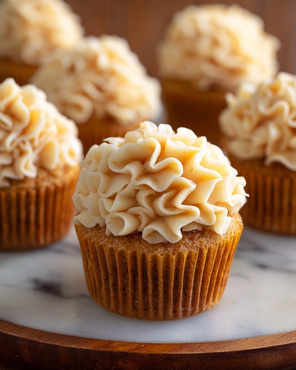 The image shows a close-up of a single cupcake with a golden brown base wrapped in a ridged paper liner. On top, there is a thick swirl of creamy, light beige frosting, piped in ruffled, soft peaks that create a textured, flower-like shape. The cupcake sits on a white marbled surface, with parts of more cupcakes with similar frosting visible blurred in the background, all arranged on a dark wooden plate. The lighting softly highlights the smooth creaminess of the frosting and the slightly rough texture of the cupcake's surface photo taken with an iphone --ar 4:5 --v 7