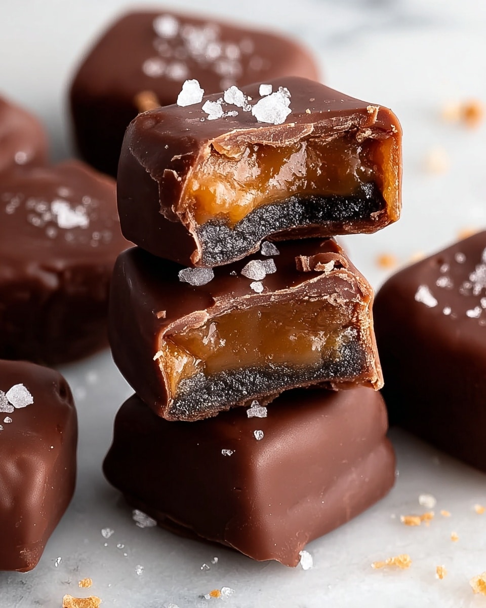 The image shows a close-up of several square-shaped chocolate-covered caramels stacked on a white marbled surface. The top two caramels are broken in half, revealing two distinct layers inside: a darker, almost black chocolate or fudge-like layer at the bottom and a lighter, golden brown caramel layer above it. The chocolate coating is smooth and milk chocolate brown, with flakes of coarse sea salt sprinkled on top and around the treats. The edges of the caramels have a slightly rough texture where the coating breaks, adding contrast to the glossy chocolate outside. Photo taken with an iphone --ar 4:5 --v 7