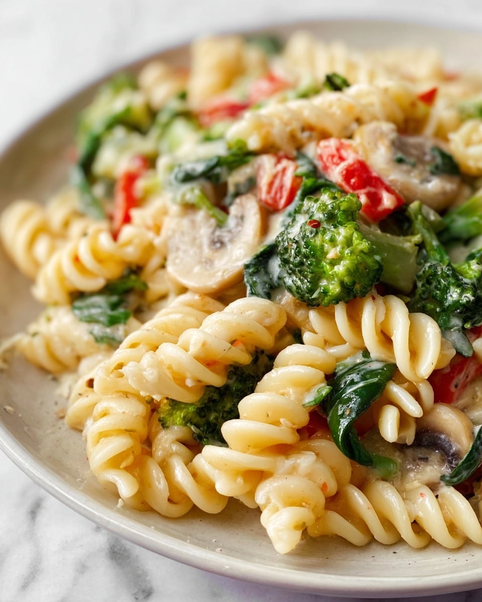 A close-up of a plate of creamy pasta with three layers visible: at the bottom, pale yellow spiral rotini pasta forms a thick base; mixed throughout are small pieces of bright green broccoli and dark green spinach leaves adding freshness; scattered bits of soft red bell pepper and white mushroom pieces sit on top, all coated in a light cream sauce that gives a slight shine and texture to the dish, served on a white plate set against a white marbled surface. photo taken with an iphone --ar 4:5 --v 7