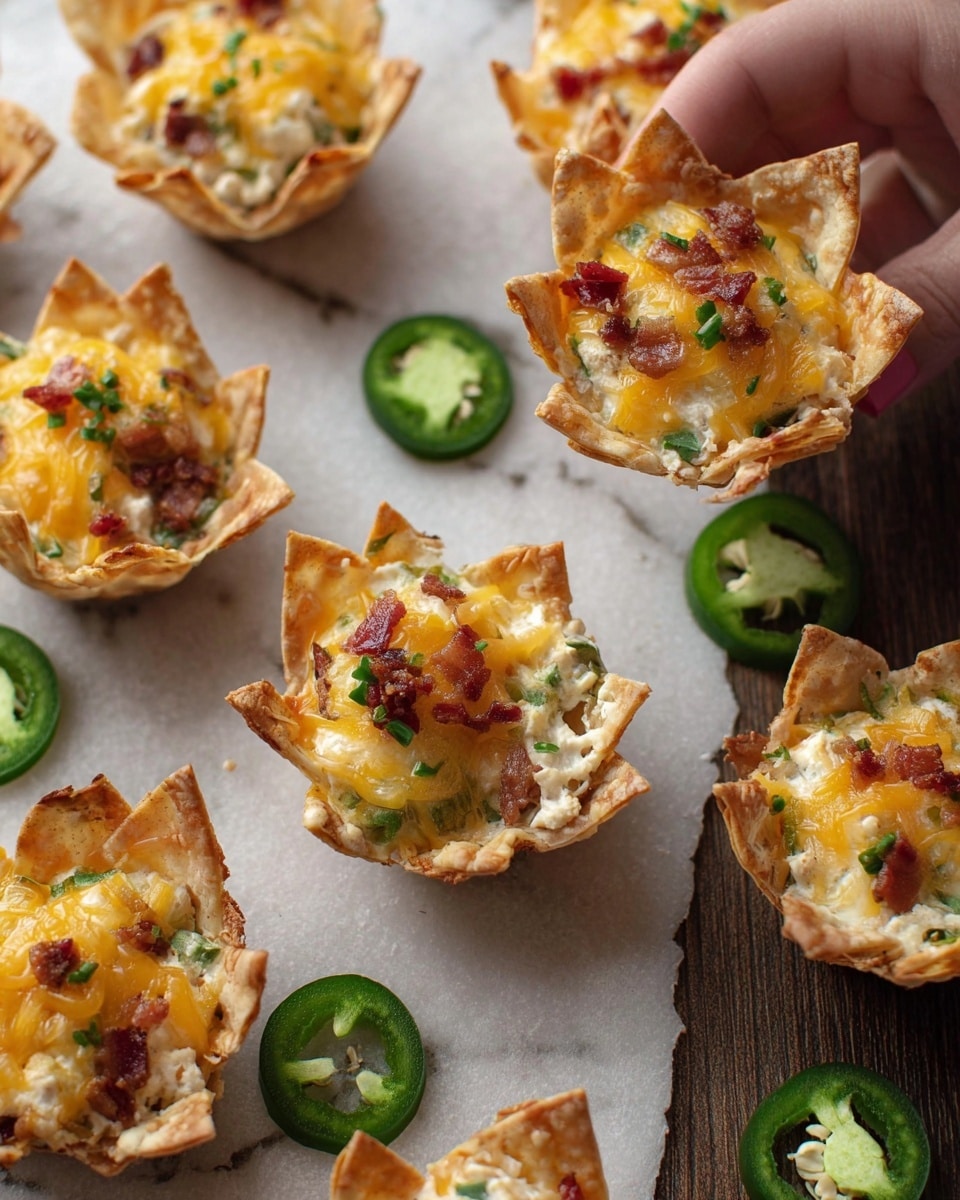 The image shows several small tortilla cups arranged on a surface with a white marbled texture. Each cup is filled with a mix of creamy white cheese layered with green bits of jalapeños and small pieces of reddish-brown bacon, topped with melted orange cheddar cheese. The tortilla cups have a slightly crispy, golden-brown texture and are open at the top with four corners standing up. Slices of green jalapeño peppers with visible seeds are placed around the cups. One woman's hand is holding a tortilla cup in the background. Photo taken with an iphone --ar 4:5 --v 7